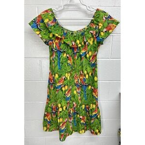 Hilo Hattie Dress Green Parrot Macaw Ruffle Hawaiian Luau 100% Cotton / Medium